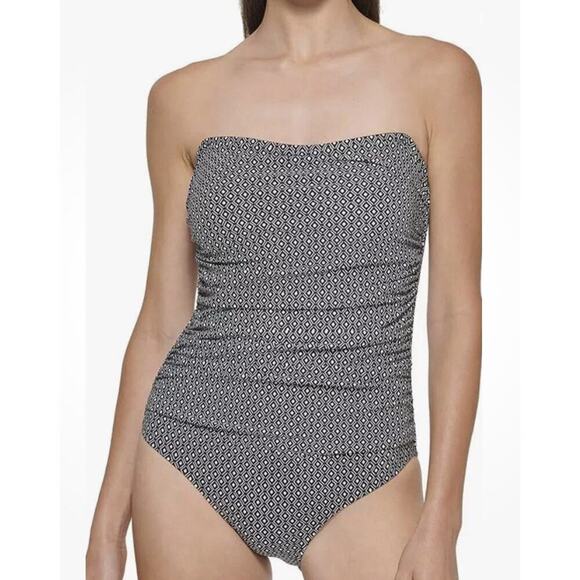 DKNY Women's Black & White Geometric Print Adjustable Strap One Piece Swimsuit L - Picture 1 of 13